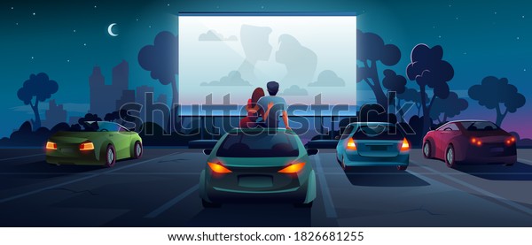 Drive cinema or car movie theater, auto theatre,\
cartoon outdoor screen background. Car cinema or drive movie in\
open air, boy and girl couple embrace, sit and watch romantic movie\
on car roof