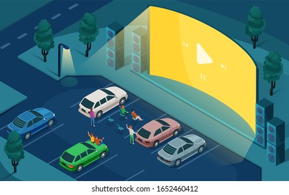 Drive Cinema, Car Open Air Movie Theater, Isometric Design. People In Cars At Night Parking, Watching Outdoor Drive Cinema On Blank Empty Screen With Sound Speakers