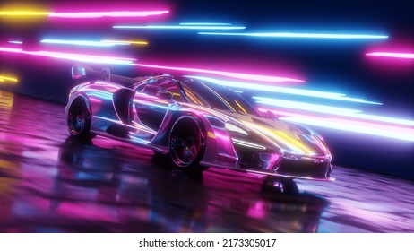 Drive In Tunnel, Retrowave Outrun 3D Rendering