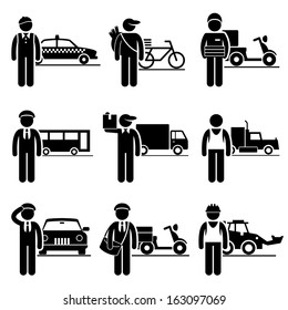 Driver Delivery Jobs Occupations Careers - Taxi, Newspaper, Pizza, Bus, Mover, Truck, Chauffeur, Postman, Construction Vehicle - Stick Figure Pictogram