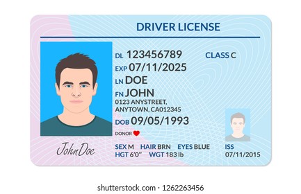 Driver License With Male Photo. Identification Or ID Card Template.