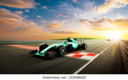 Driver Pass The Finishing Point And Race Car Racing On A Track With Motion Blur. 3D Rendering.