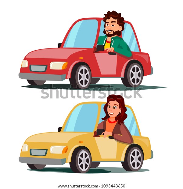 Driver People. Man, Woman\
Sitting In Modern Automobile. Buy A New Car. Driving School\
Concept. Happy Female, Male Motorist. Isolated Cartoon Character\
Illustration