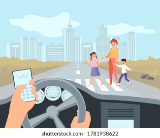 Driver uses his smartphone while driving a car. A woman with children crosses the street in front of the car. The concept of road hazard and compliance with traffic rules. Flat Art Rastered Copy - Powered by Shutterstock