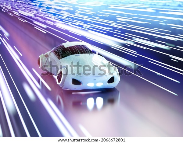 Driverless car or autonomous car with 3d rendering\
car in rail light\
tunnel