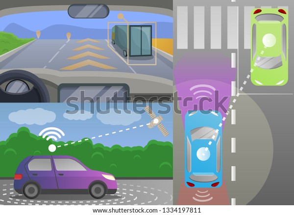 Driverless car banner set. Cartoon
illustration of driverless car banner set for web
design