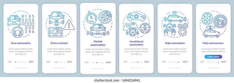 Driverless Car Stages Onboarding Mobile App Page Screen With Linear Concepts. Vehicle Development Walkthrough Steps Graphic Instructions. UX, UI, GUI  Template With Illustrations