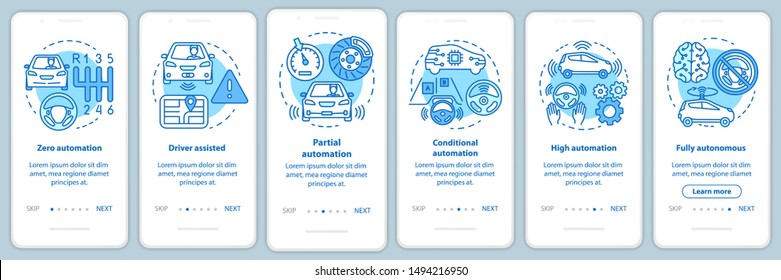 Driverless Car Stages Onboarding Mobile App Page Screen With Linear Concepts. Vehicle Development Walkthrough Steps Graphic Instructions. UX, UI, GUI  Template With Illustrations