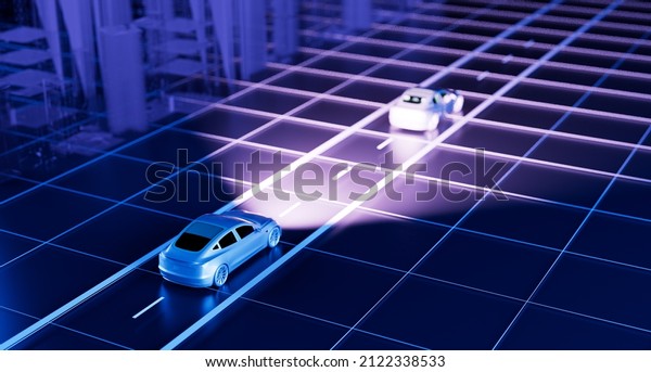 Driverless\
self driving, autonomous vehicle, autopilot vehicle with lidar\
technology, electric vehicle 3d\
illustration