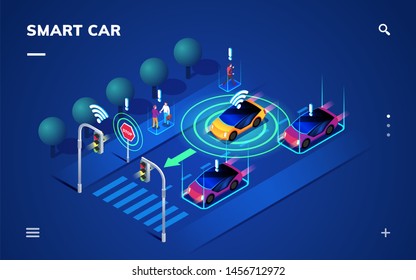 Driverless Or Self Driving Car At Road. Futuristic Autonomous Vehicle Remote Sensing System. Isometric View On Smart Auto Near Traffic Light, 3d Transport With Wireless Signal.Autopilot And Navigation