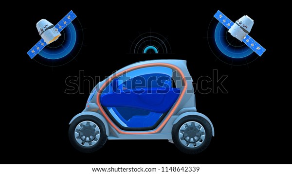 Driverless vehicle, autonomous electric car\
driving with two satellites on black background, futuristic car,\
side view, 3D\
rendering