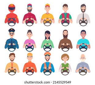 Drivers avatars. Service professional sitting in automobile and holding car steering wheel male and female drivers exact illustrations