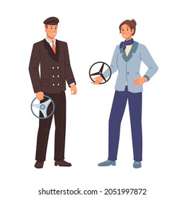 Drivers, Working Profession Of Man And Woman Isolated Cartoon Characters. Taxi Cab, School Bus Or Tram Driver, Courier With Wheel. Chauffeur In Uniform Set, Driver People On Road Illustration