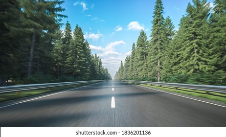 Driving along the road along the forest. POV shot from a camera driving through beautiful empty road. 3d illustration