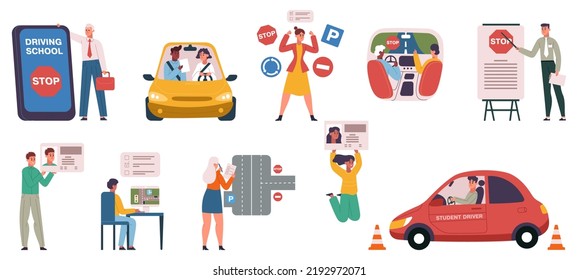 Driving Auto School, Driving Lessons, Instruction And Exam Scenes. Student Pass Computer Tests And Get Drivers License  Illustration Set. Car Driving Education Process, Character Doing Test