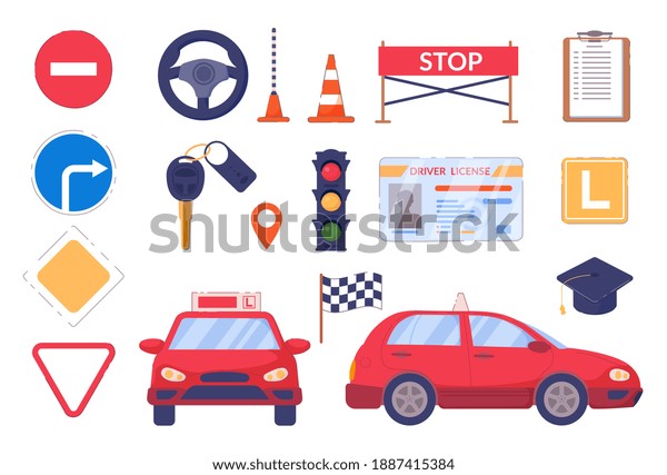 Driving car auto school accessory element and
attribute set. Automobile, road sign, traffic light, driver
license, traffic light, clipboard with rule illustration isolated
on white
background