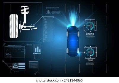 Driving control system without driver assistance. Safe driving. Vector Futuristic car user interface. HUD UI. Hologram of the car, scanning. Abstract virtual graphic touch user interface.
