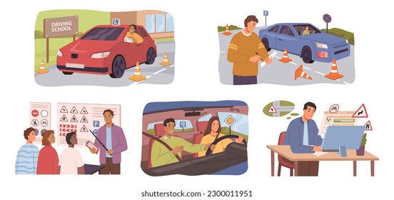 Driving school, car education exam, instructor and students flat cartoon set. Student sit in car, look at road. Traffic lights and signs. Man learning rules, passing exams for driver license - Powered by Shutterstock