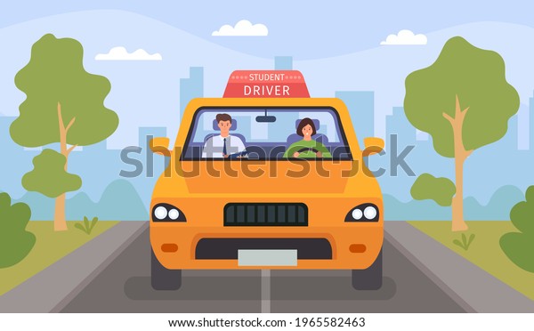 Driving\
school lesson. Cartoon instructor and female student drive car on\
road. Teacher tests woman for driver license, flat  concept.\
Illustration driver teacher, instructor\
education