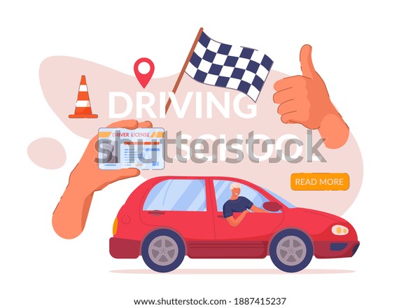 Driving school web banner advertisement\
design. Car driver class website landing page with certified\
graduate student hand showing license and thumbs up giving positive\
feedback\
illustration