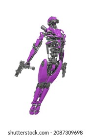 Droid Soldier Is Flying Up In Action And Holding A Pistol, 3d Illustration