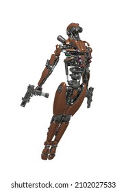 Droid Soldier Is Flying Up In Action And Holding A Pistol, 3d Illustration