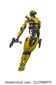 Droid Soldier Is Flying Up In Action And Holding A Pistol, 3d Illustration