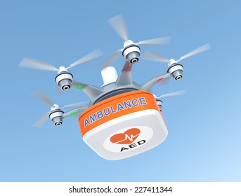 Drone Carrying AED Kit For Emergency Medical Care Concept