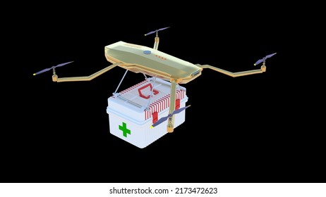 Drone Carrying First Aid Kit For Emergency Medical Care Concept, Drone Delivery. 3D Rendering 3D Illustration