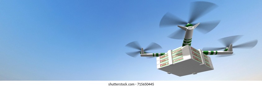 Drone Delivering Pizza Boxes - Drone Carrying Pizza For Fast Food Delivery Concept - 3d Render