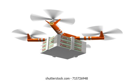 Drone Delivering Pizza Boxes Isolated On White - Drone Carrying Pizza For Fast Food Delivery Concept - 3d Render