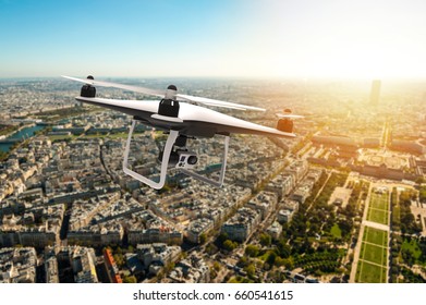 Drone with digital camera flying over a city: 3D rendering