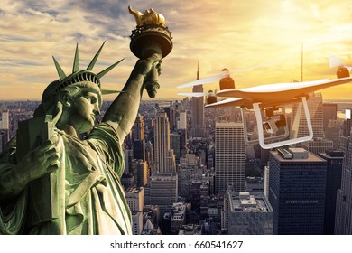 Drone with digital camera flying over statue of liberty: 3D rendering - Shutterstock ID 660541627