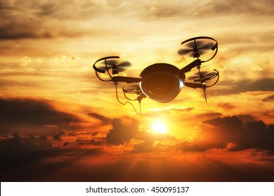 Drone flying at sunset. Sun shining on dramatic sky. 3D rendering - Powered by Shutterstock