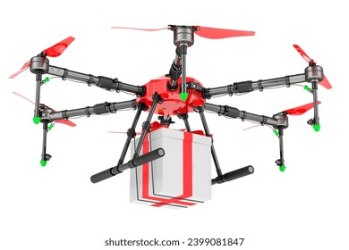 Drone with gift box, 3D rendering isolated on white background