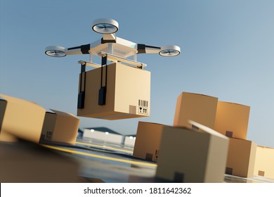 A Drone  Lifting Off The Ground Carrying A Large Parcel. Drone Delivery Service. 3D Illustration.