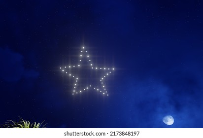 Drone Light Show Display With Star Shape Outdoor Night, Holographic Three Dimensional Illustration