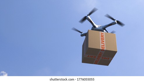 Drone Parcel Delivery Service. Quadcopter Carrying Urgent Shipment Box. 3d Rendering