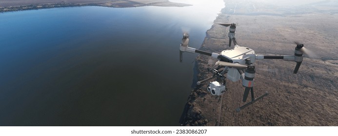A drone (drone or quadcopter) flying over a river. The feeling of coexistence of technology and nature. Background: photo. Drone: 3d model. 3d illustration.