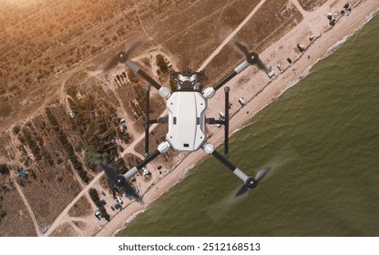 Drone (quadcopter) observer with action camera. Coastal zone control. Flying over the sea and the beach. Background: photo. Drone: 3d model. 3d illustration.