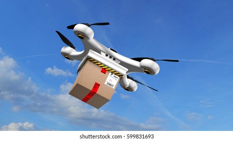 Drone Quadrocopter Delivers A Package - Autonomous Drone Delivery - 3d Rendering