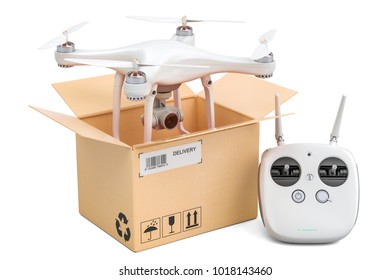 Drone with remote control inside cardboard box, delivery concept. 3D rendering isolated on white background