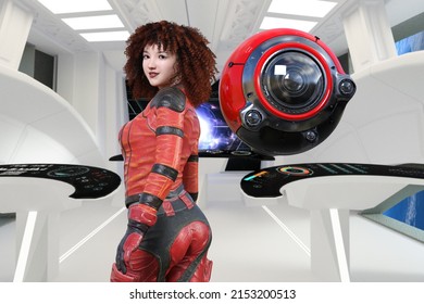 A drone robot with a red high-performance lens floats by a woman in a red leather rider jacket looking back.3D illustration 3D rendering
