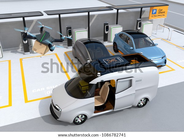 Drone takes off from delivery van to\
delivering parcel. Metallic gray electric car charging at parking\
lot. Last one mile concept. 3D rendering\
image.