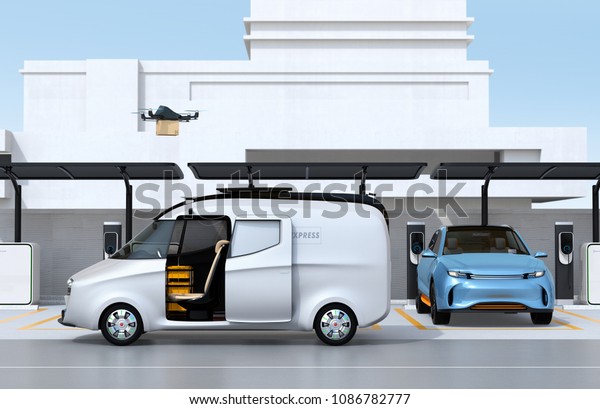 Drone takes off from\
delivery van to delivering parcel. Last one mile concept. 3D\
rendering image.