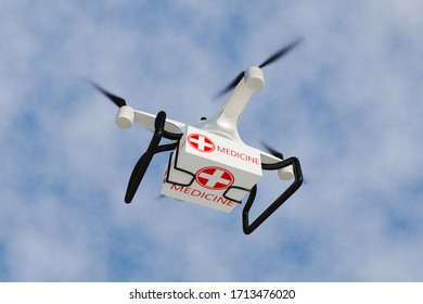 The Drone Transported With The First Aid Box Flying. With The Sky And Clouds As The Background.
Emergency Medical Care Concept. 3D Rendering.