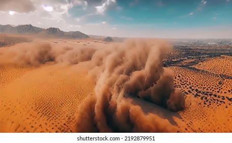 Drone View Of Sandstorm In Large Desert With Mountains In Back