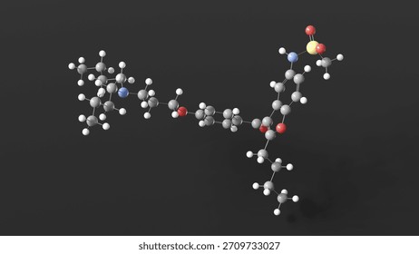dronedarone molecule 3d, molecular structure, ball and stick model, structural chemical formula antiarrhythmic drug