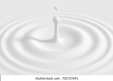 Drop Falling On Milk, Cream, Dairy Product. Yogurt Milkshake Swirl Texture. Graphic Design Element For Packaging, Advertisement Flyer, Poster. Cream Splash With Circle Ripple And Drop. 3d Illustration