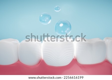 Drop of fluoride coating teeth and gums metaphor oral hygiene, cleaning teeth and gums. 3D rendering.